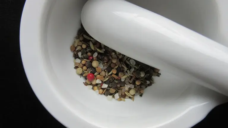 White mortar and pestle with a small pile of mixed seeds inside.