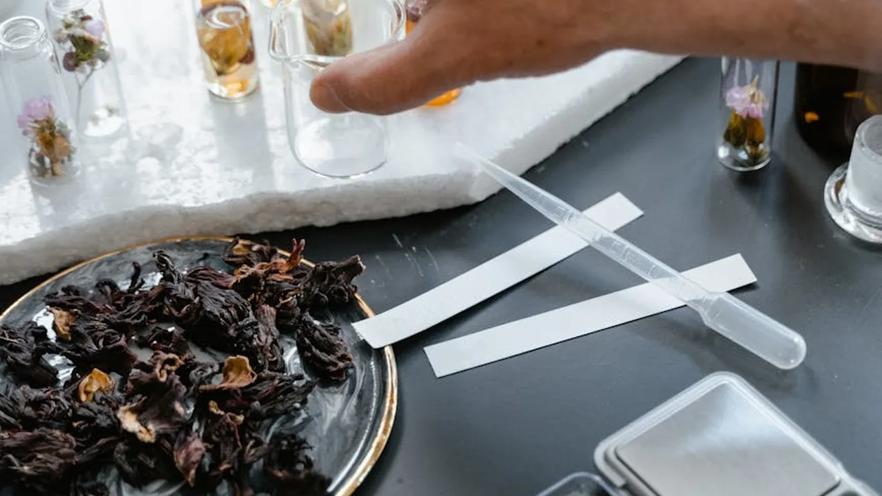 Close-up of dried botanical leaves on a plate with lab glassware, a pipette, and a dark surface.
