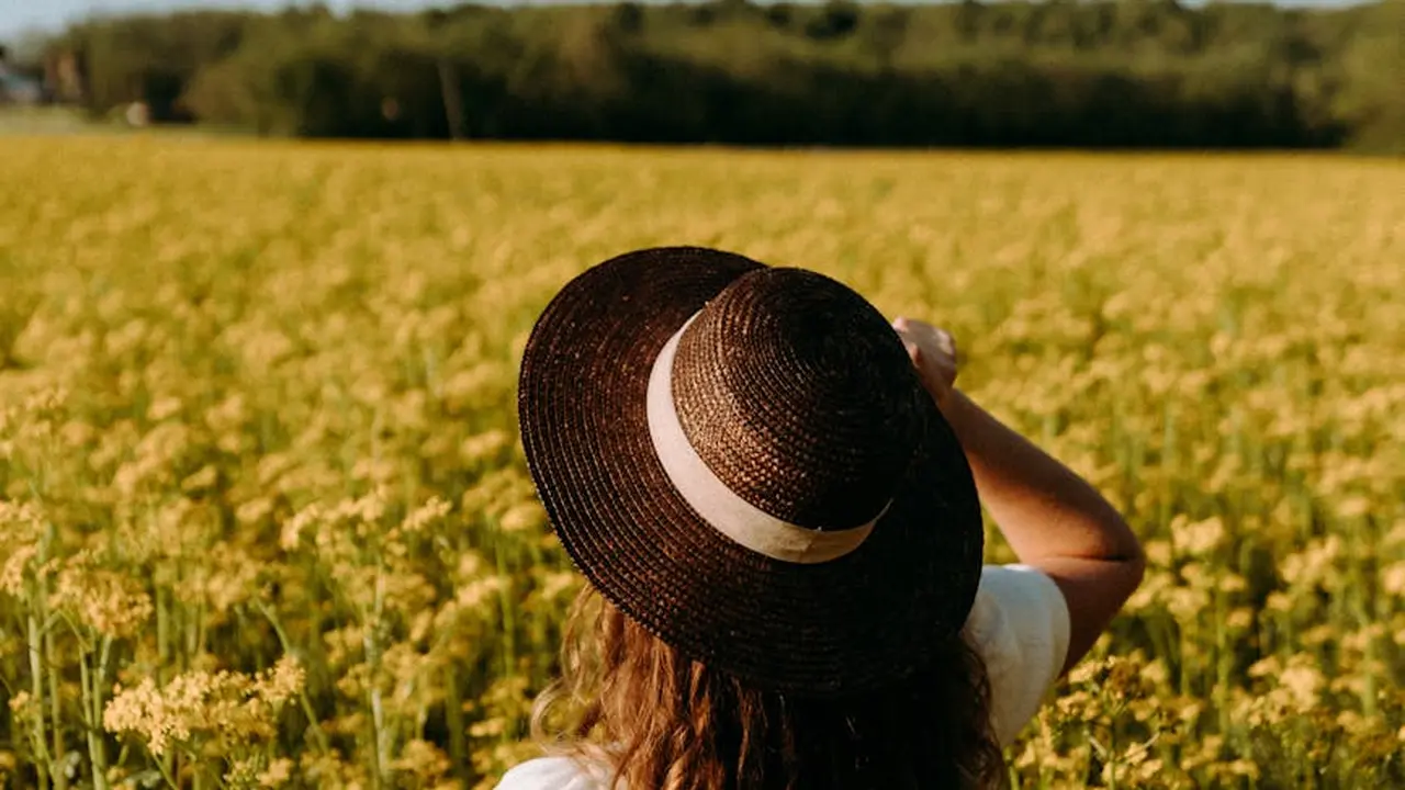 Person wearing a wide-brimmed hat standing in a blooming canola field
