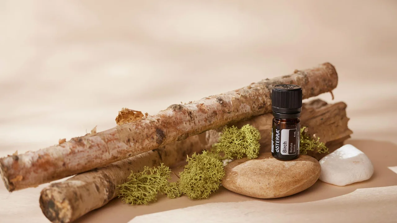 Small dark glass bottle of carrier oil placed on a smooth stone with moss and wooden sticks nearby