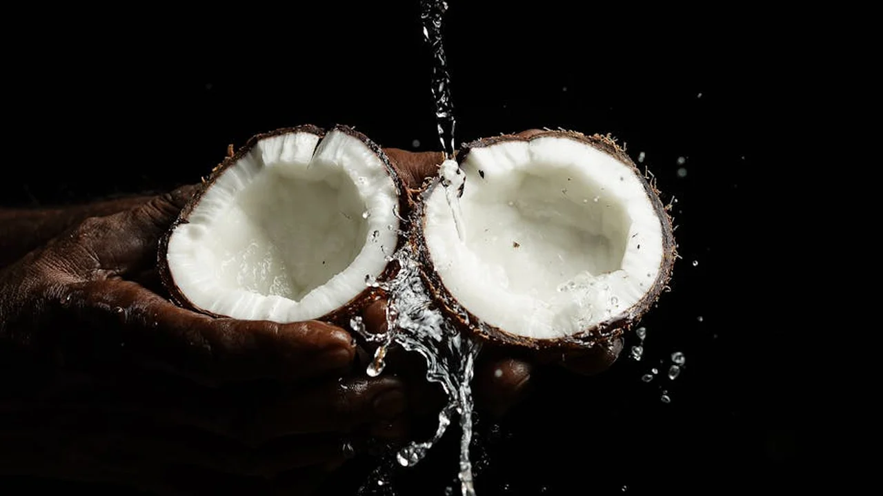 Two halves of a coconut held against a dark background with water droplets, illustrating coconut oil use for hair care safety.