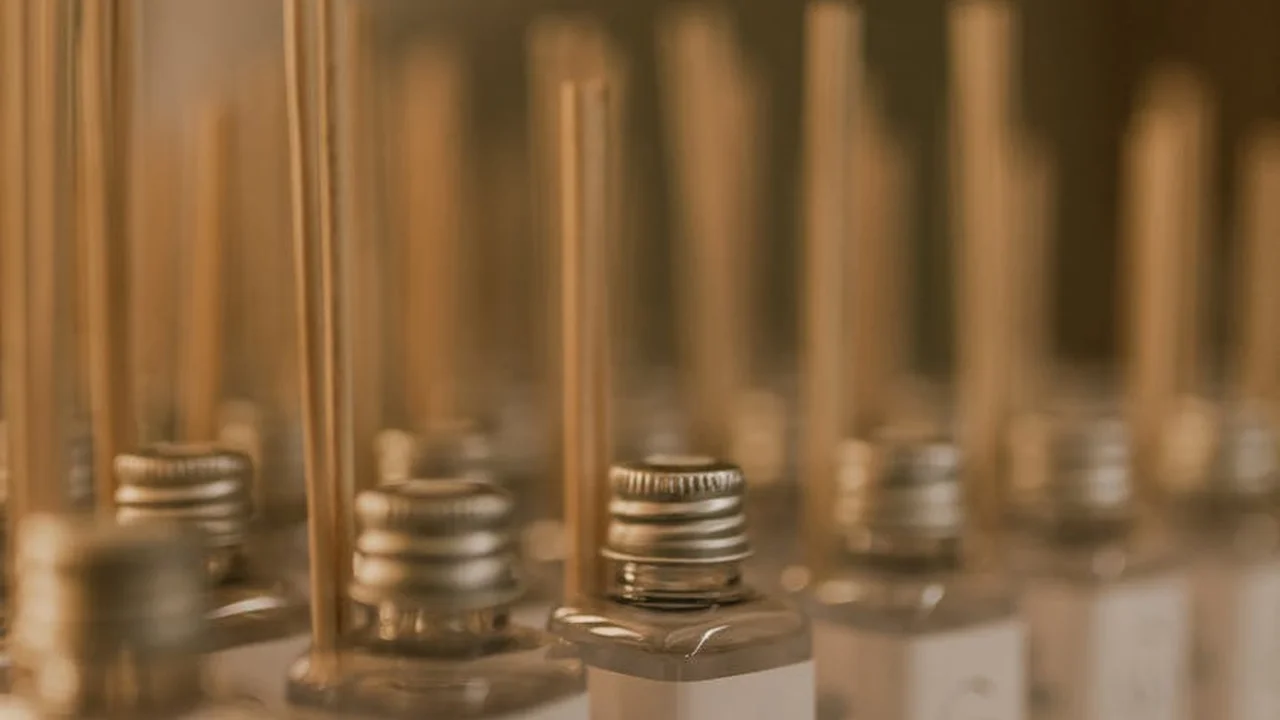 Close-up of several essential oil bottles with metal caps, softly blurred background.
