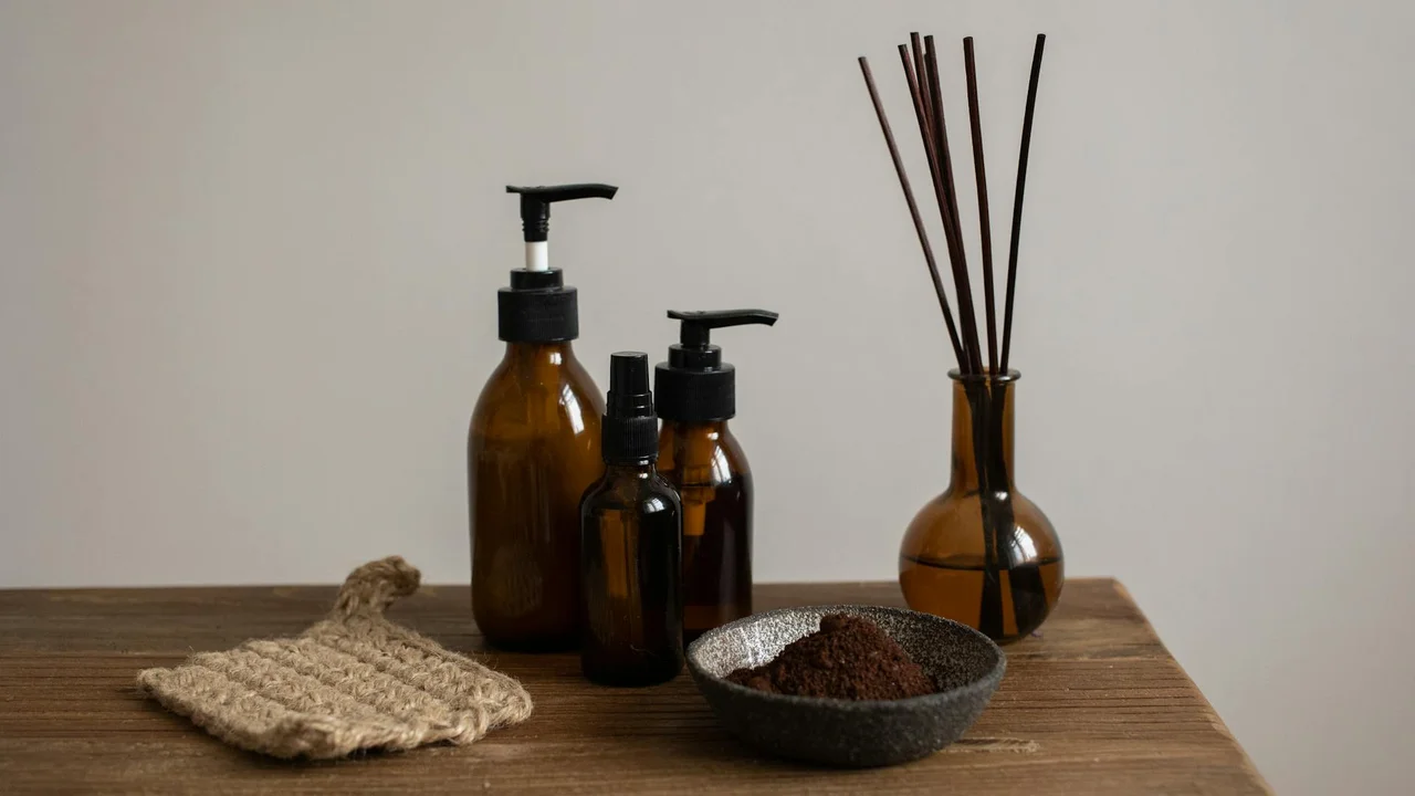 Amber glass bottles of essential oils on a wooden surface with a reed diffuser and a small bowl.