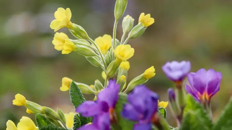 Close-up of yellow evening primrose flowers with green leaves and hints of purple blooms in the background.