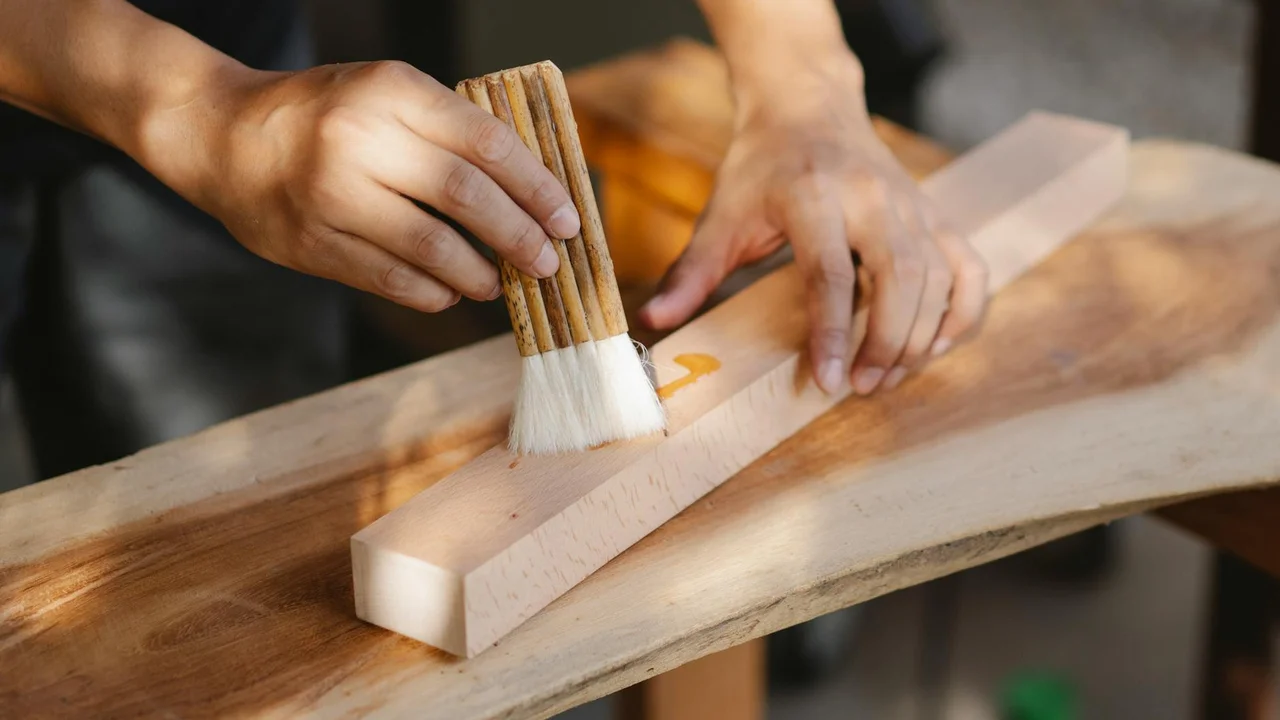 Close-up of hands applying a wood finish with a natural-bristle brush to a wooden board, smoothing oil into the grain.
