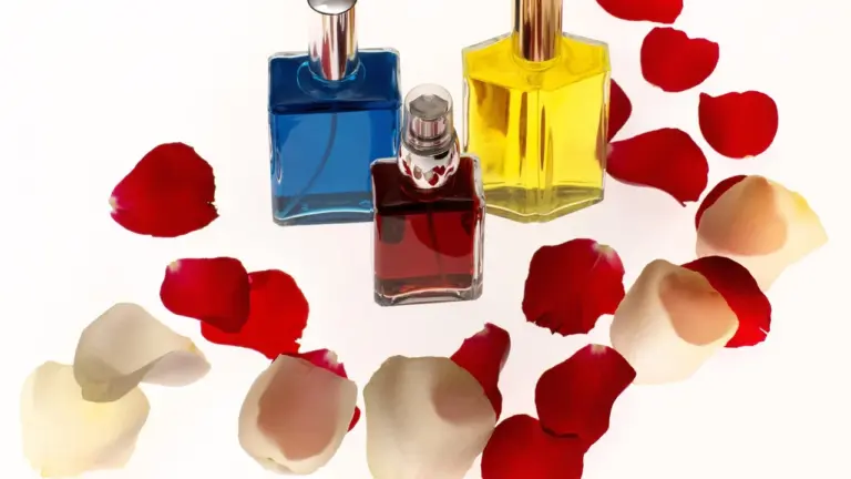 Assorted perfume bottles with scattered rose petals on a white background