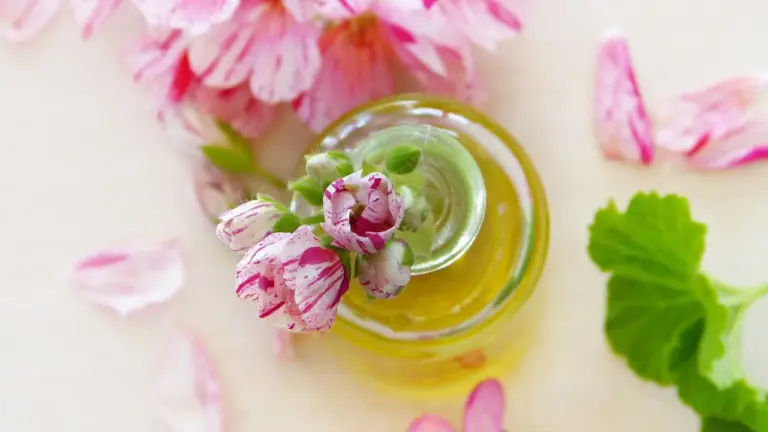 Small bottle of hair oil with pink flower petals and green leaves surrounding it