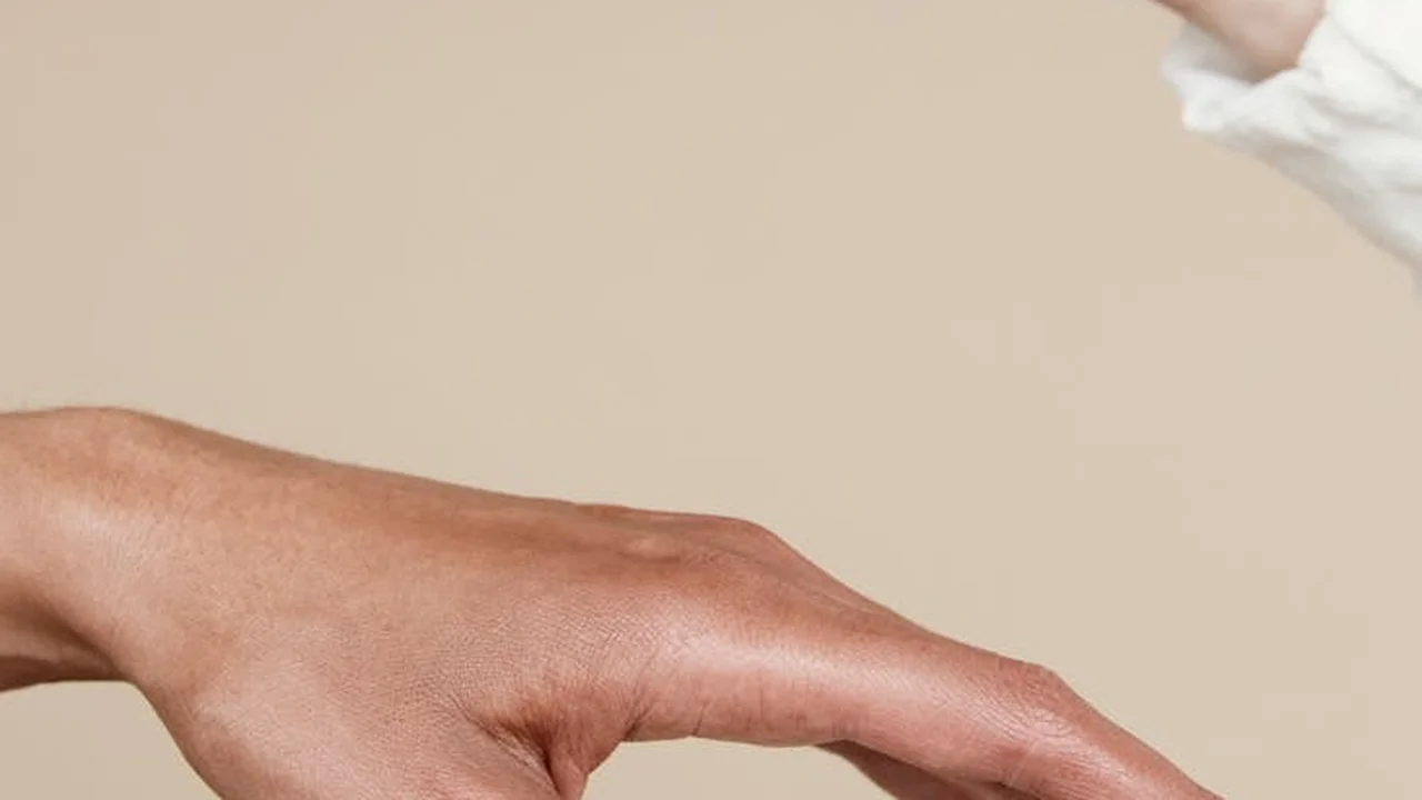 Close-up of a hand with relaxed fingers against a neutral beige background, with a white sleeve edge visible.