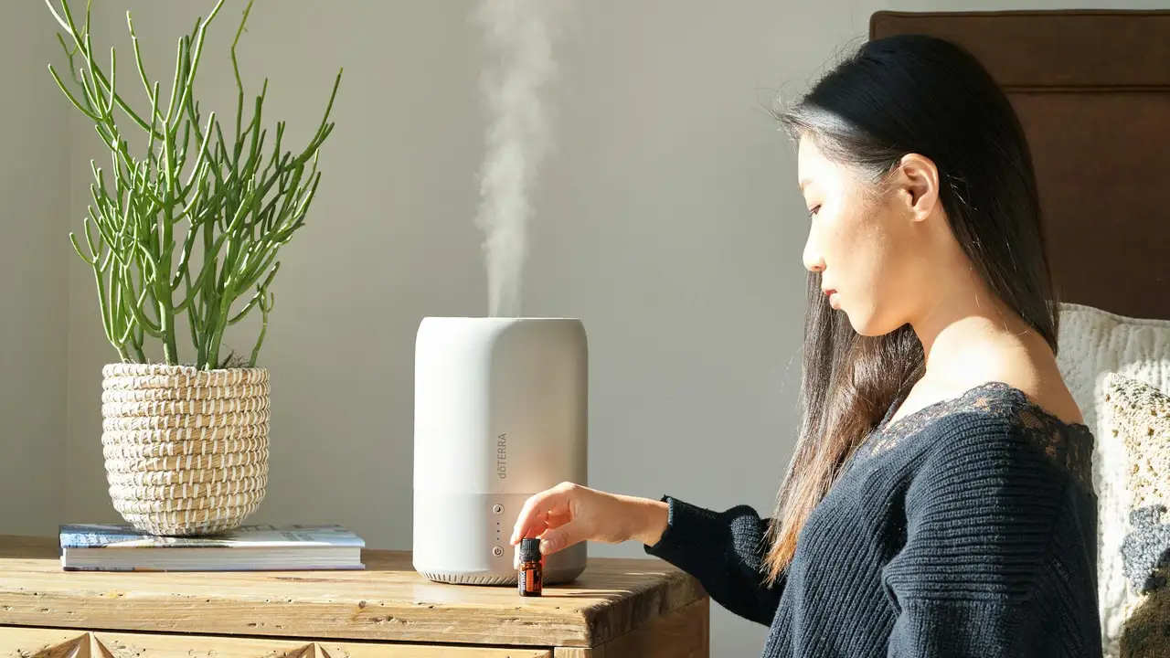 A woman sits at a wooden desk using an essential oil diffuser; a potted plant and a small stack of books sit nearby.