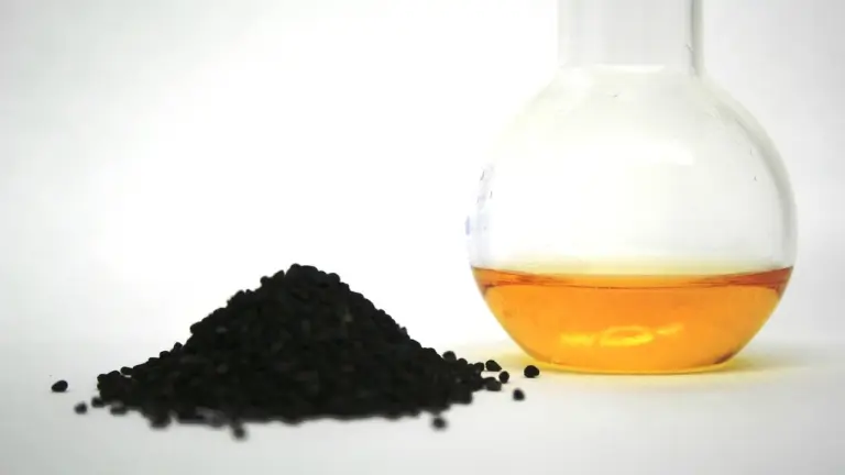 Pile of activated charcoal powder beside a glass flask with orange liquid on a white background.