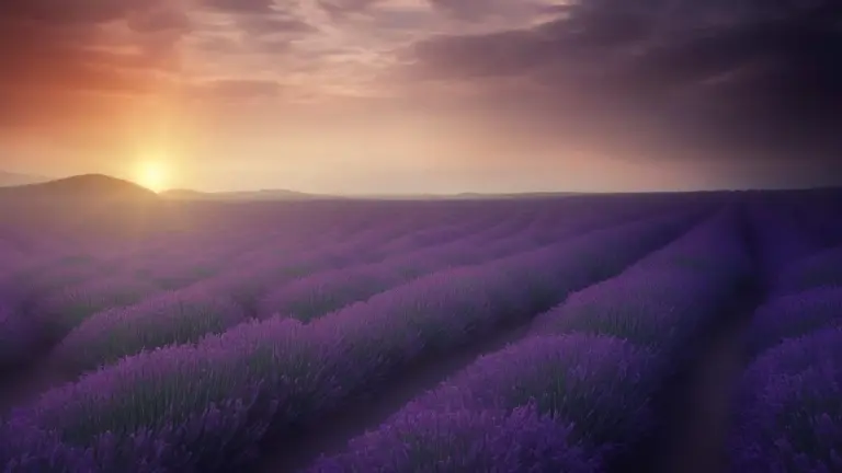 Sunset over rows of purple lavender fields.
