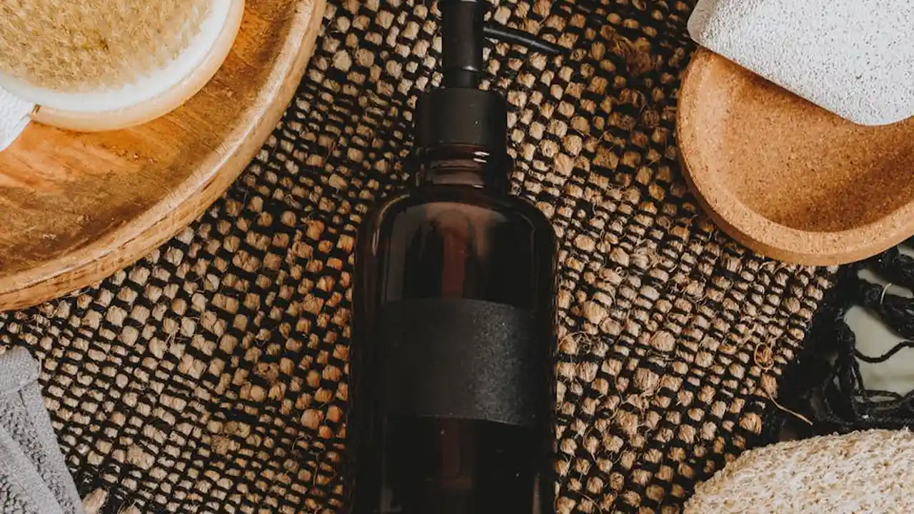 Dropper bottle of oil on a textured woven mat with a cup of coffee and slices of bread nearby.