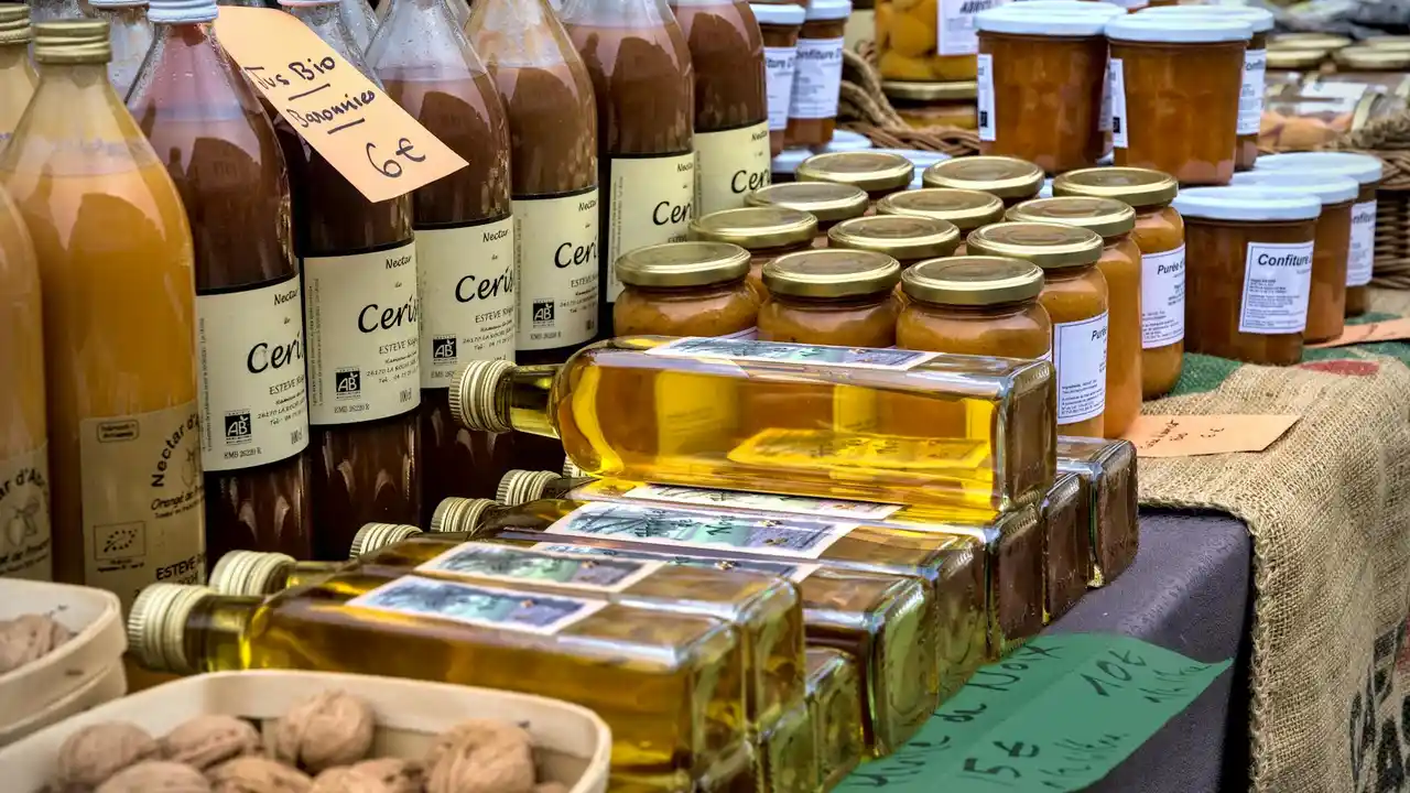 Assorted bottles and jars of culinary oils displayed on a market stall