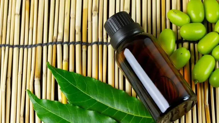 Dark amber bottle of neem oil with a dropper cap on a bamboo mat, with green fruits nearby.