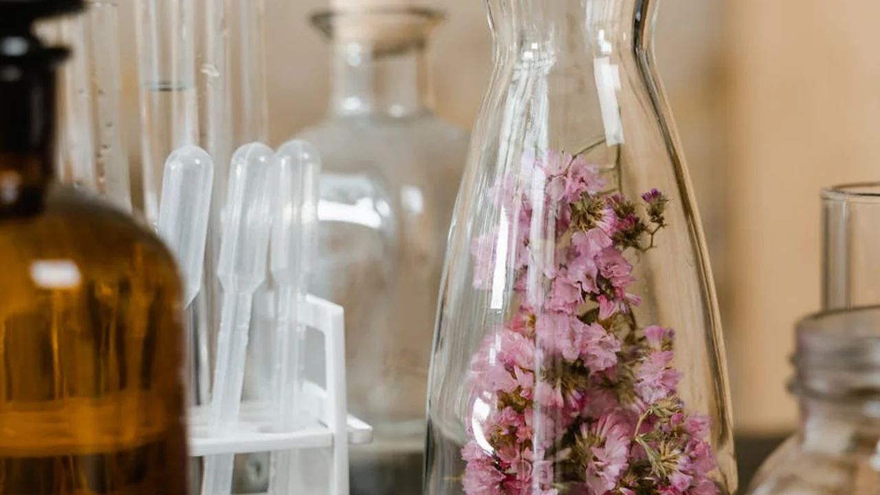 Assorted glass bottles and lab glassware for storing oils, with a pink flower arrangement in one flask.