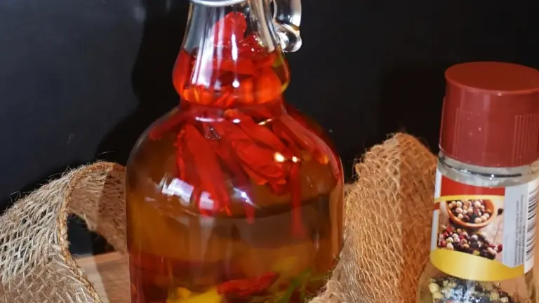 Glass bottle of cooking oil with a metal flip-top stopper on a kitchen counter, with burlap decoration and a spice grinder nearby