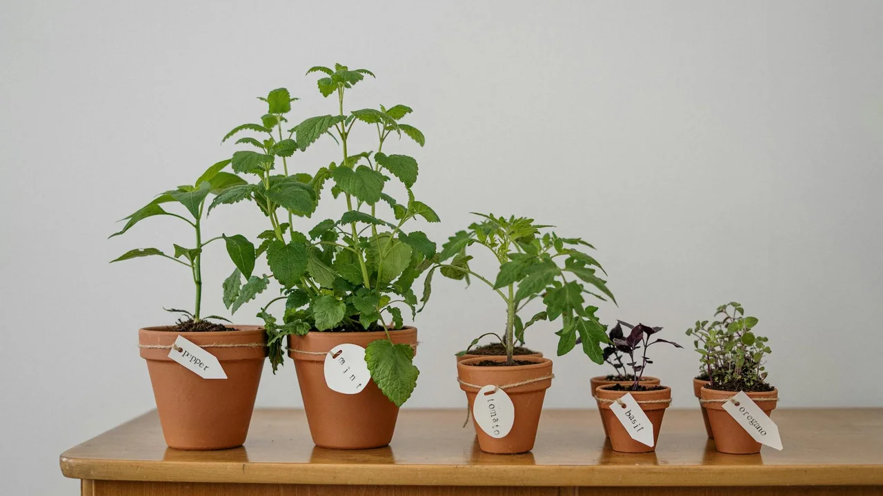 Several small potted herbs arranged on a wooden table against a white wall, with labels on the pots, including oregano plant.