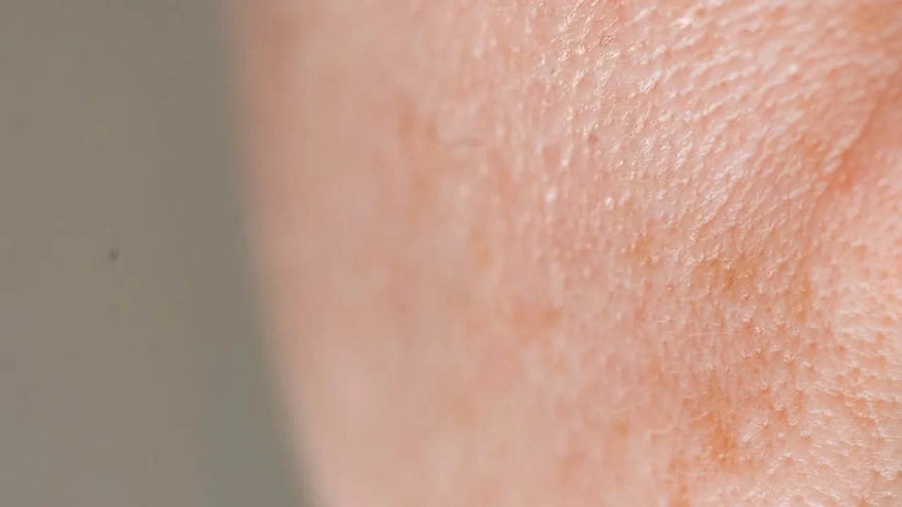 Macro close-up of skin texture showing fine pores and a hydrated surface