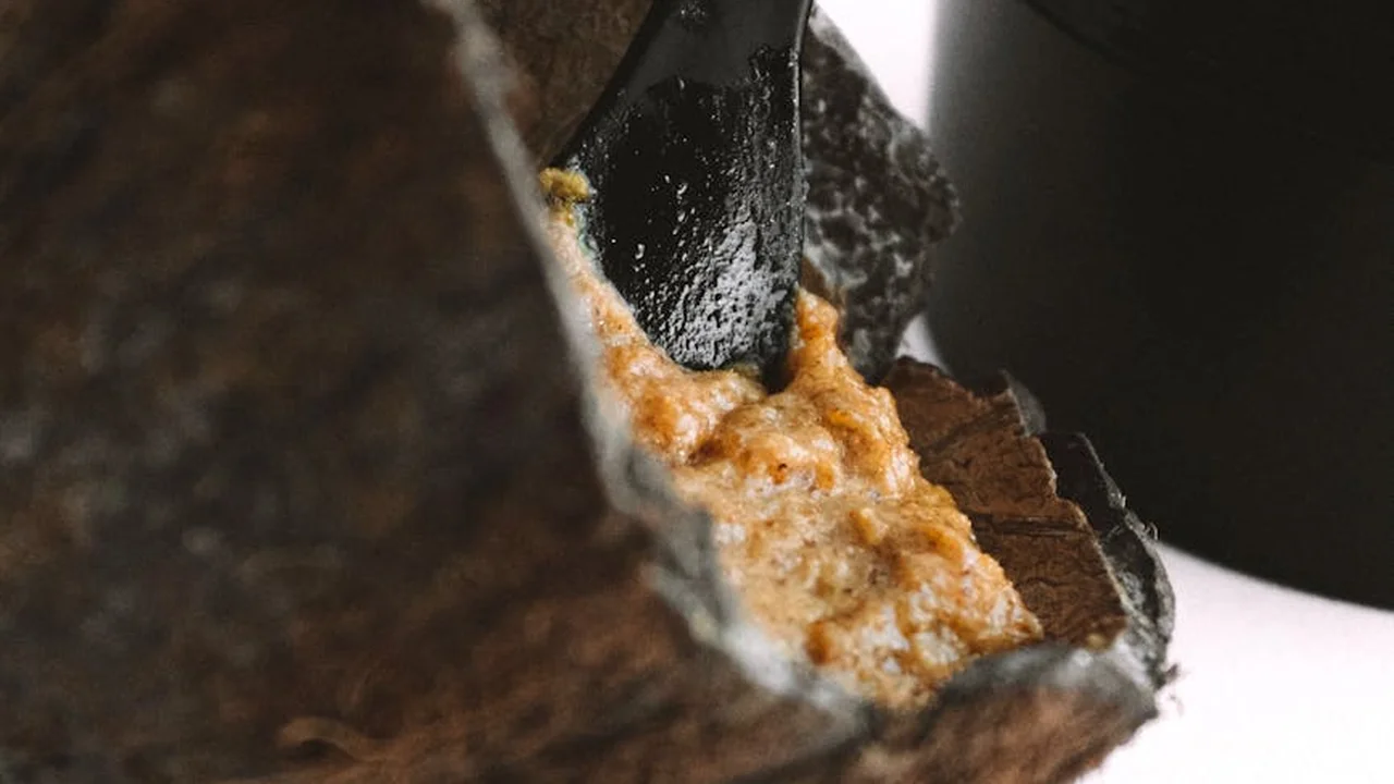 Macro shot of a dark chocolate piece with a light brown creamy interior, shown in close detail
