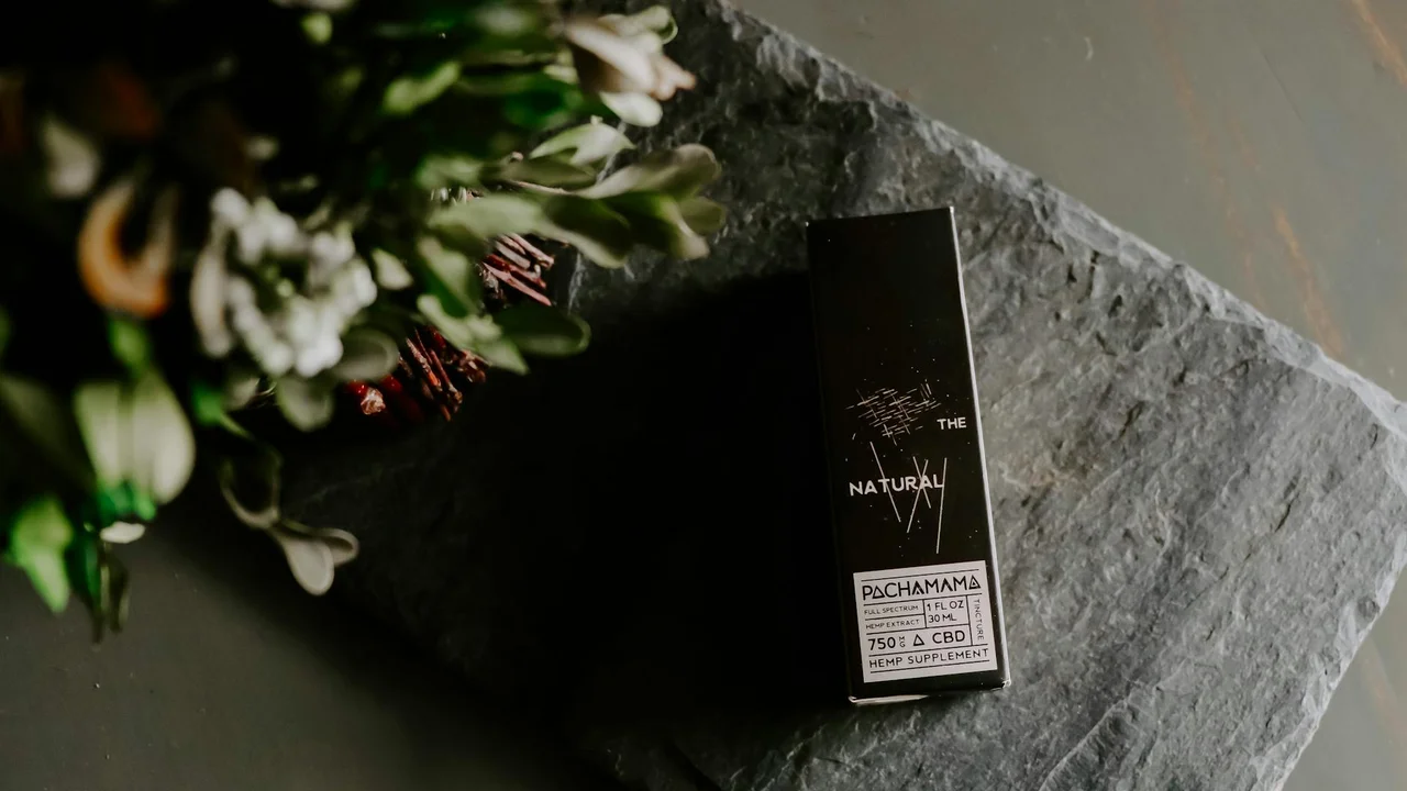 A sleek black box of hemp oil sits on a dark slate surface with greenery in the corner, suggesting zero-THC, plant-based oil alternatives.